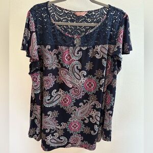 SJS Blue Paisley And Lace Blouse 2X